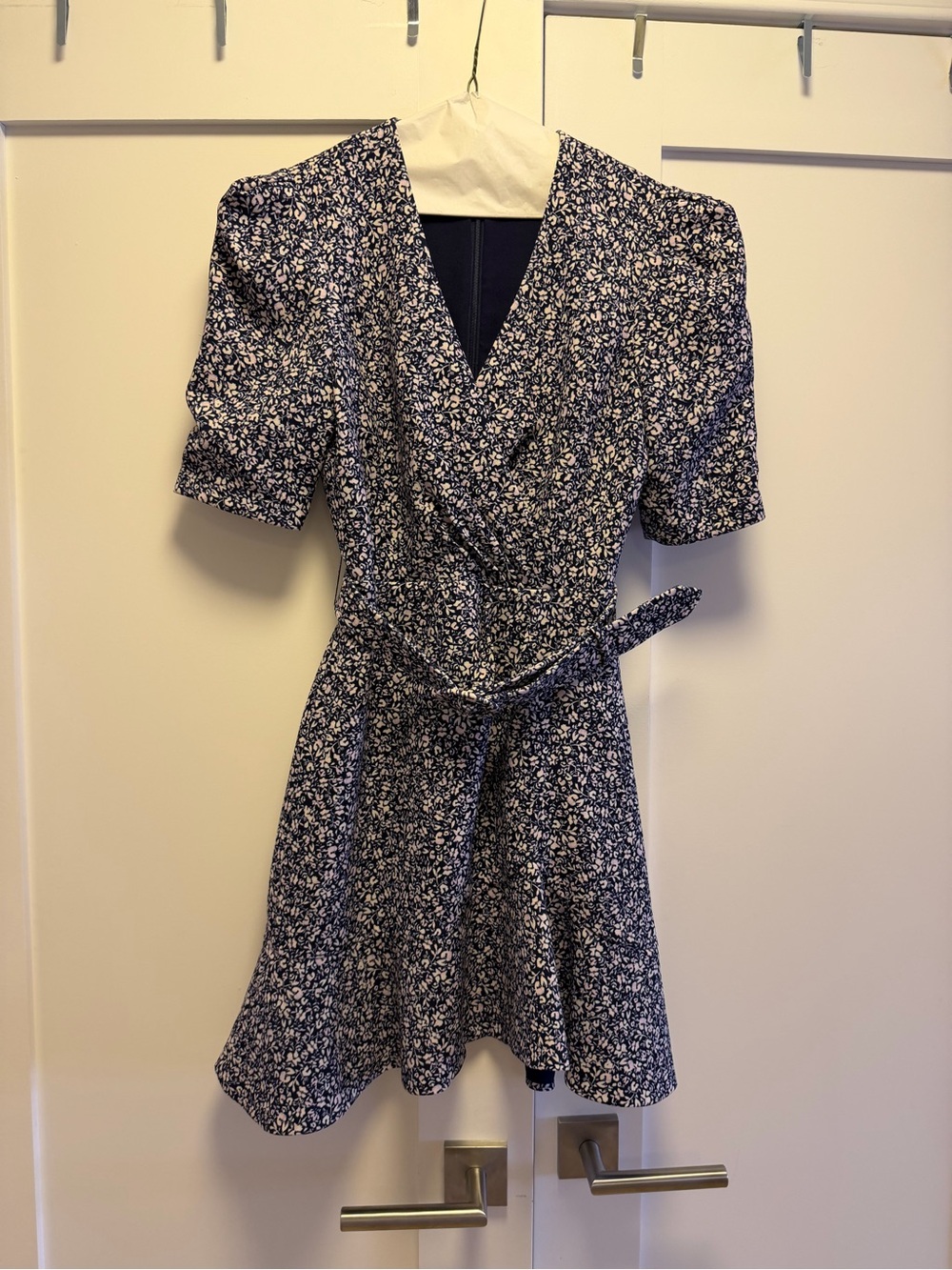 Jonathan Simkhai Purple and Navy Floral V-Neck Puff Sleeve Mini Dress Size 2